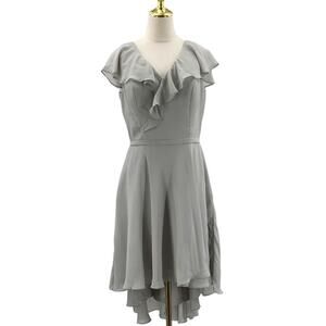 POMUYOO SZ 12 L grey faux wrap ruffle Vneck lace up corset dress NEW B166 *flaw